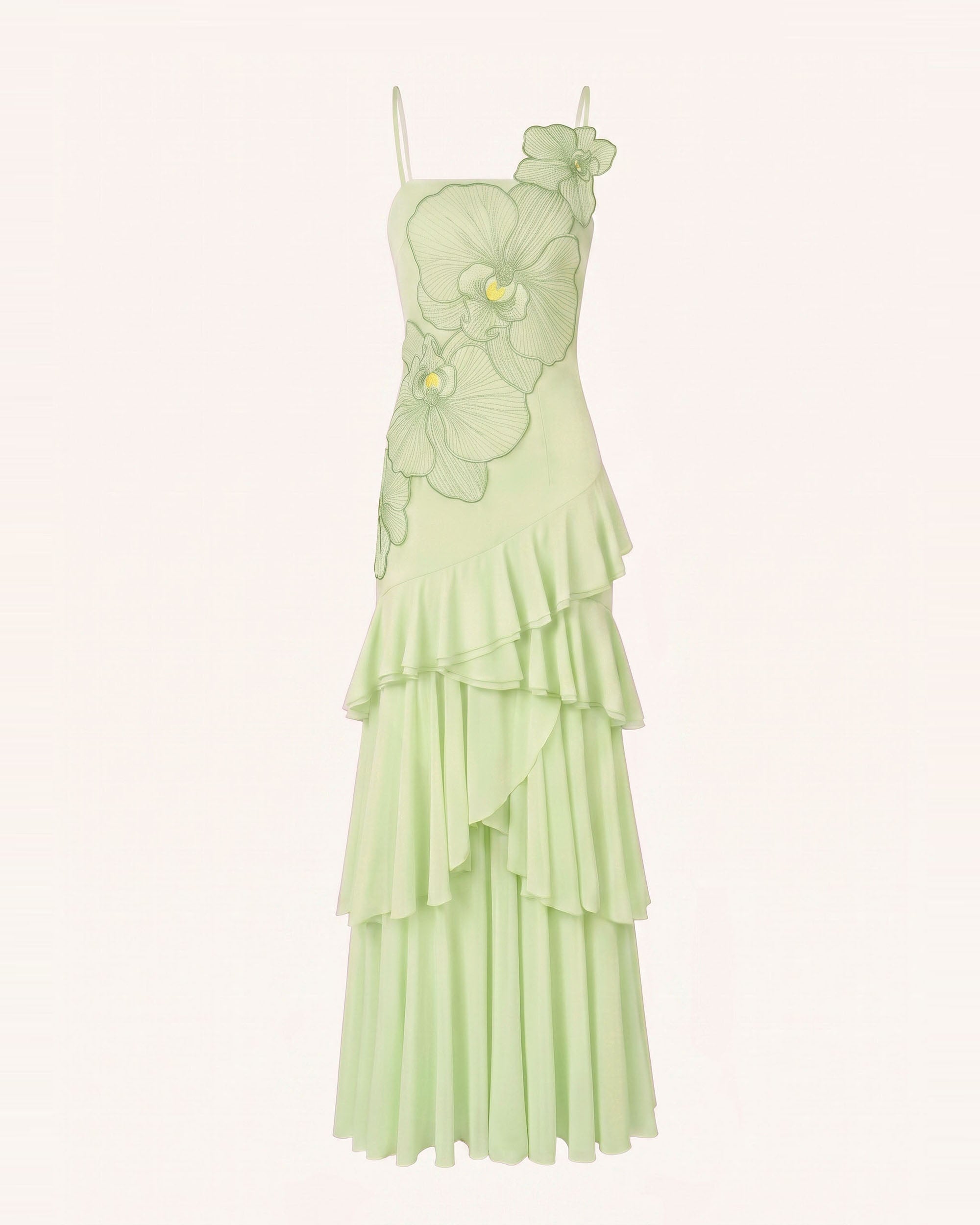 Orchid Embroidered Ruffled One-Shoulder Maxi Dress - Light Green