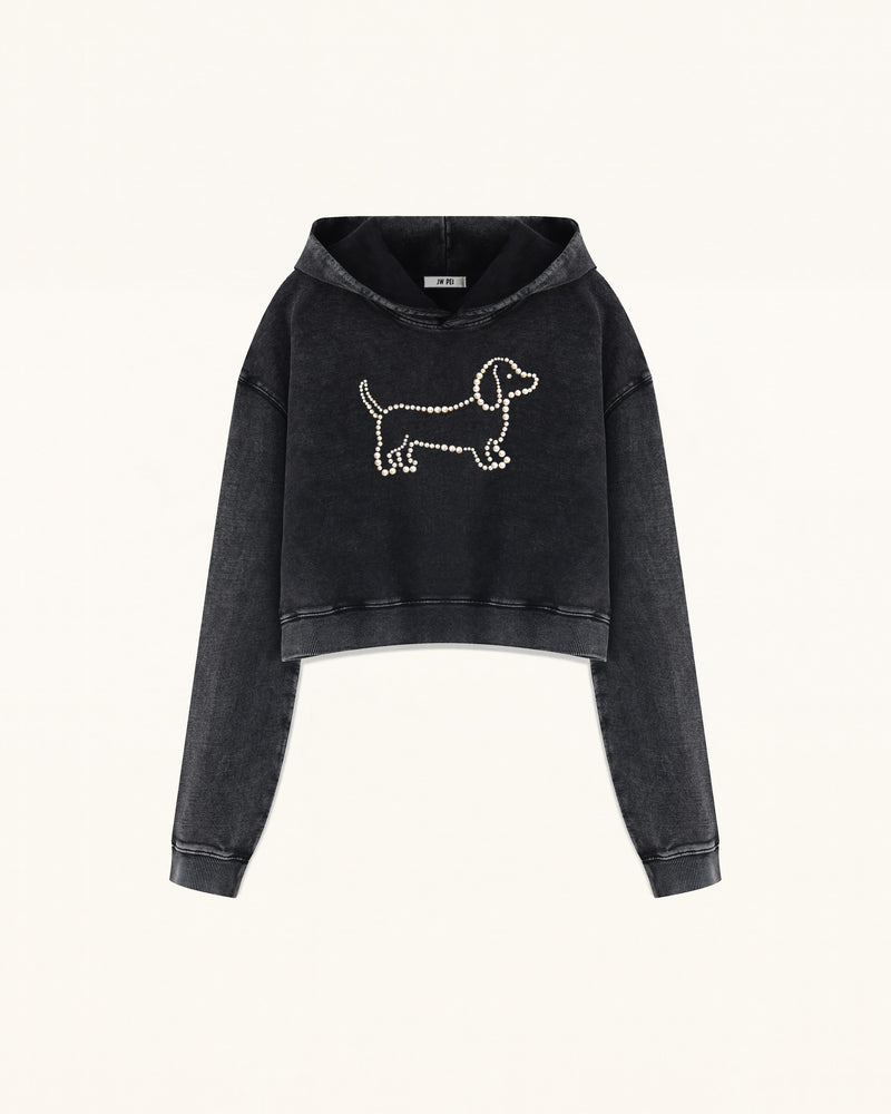 Pearl Outline Dachshund Cropped Hoodie - Acid Black