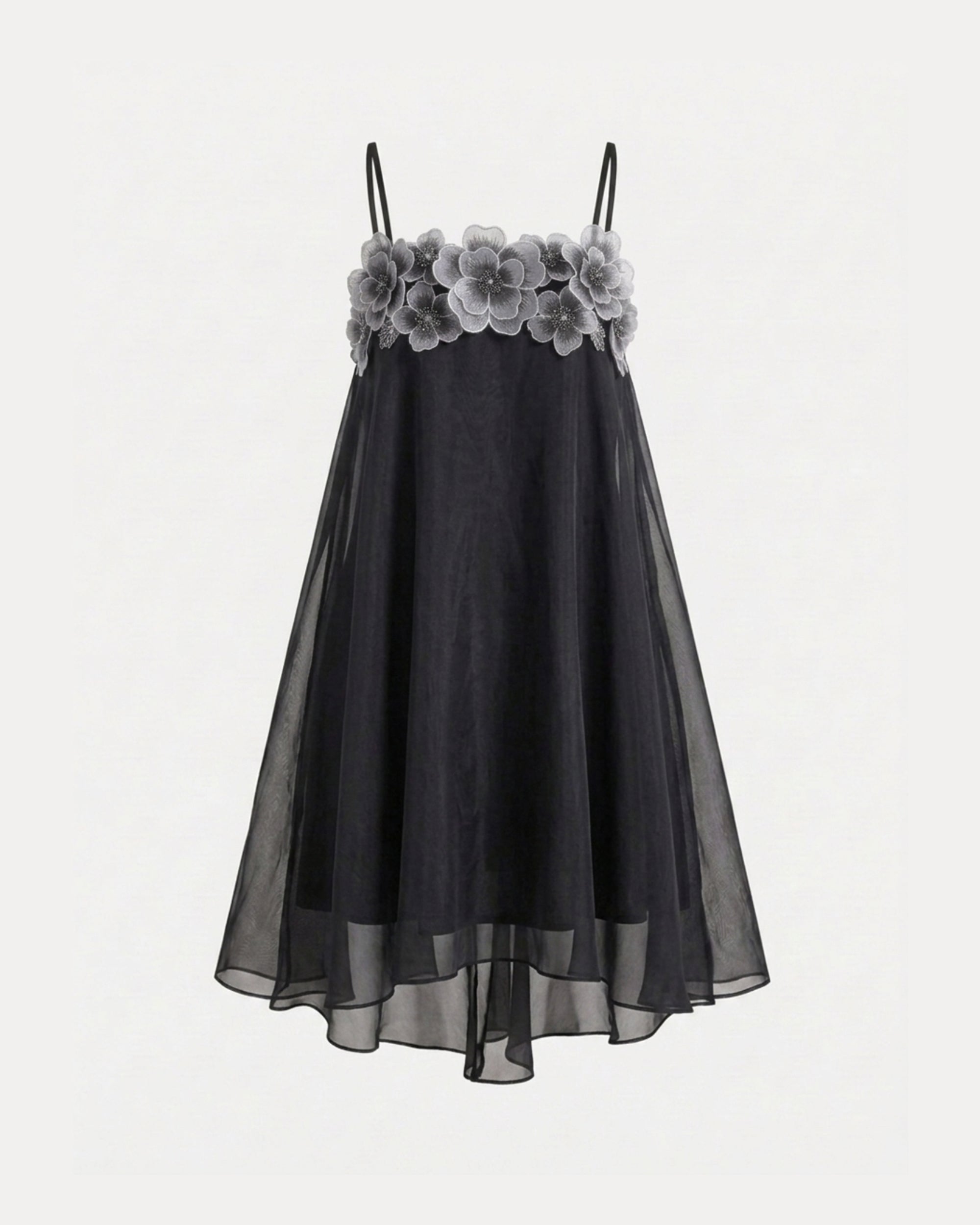 Floral Embroidered Sheer Swing Dress - Black