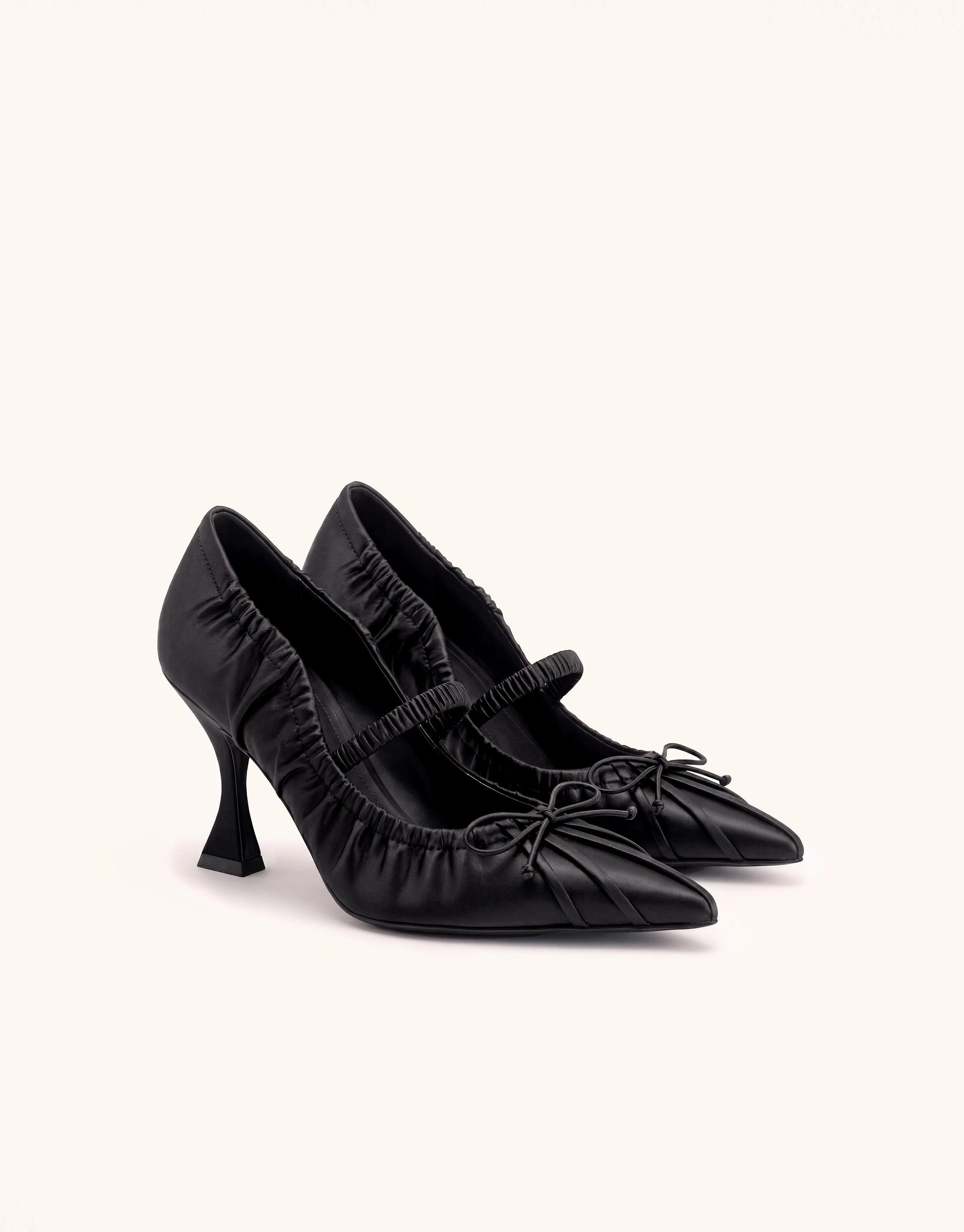 Solenne Satin Bow Ruched Mary Jane Pumps - Black