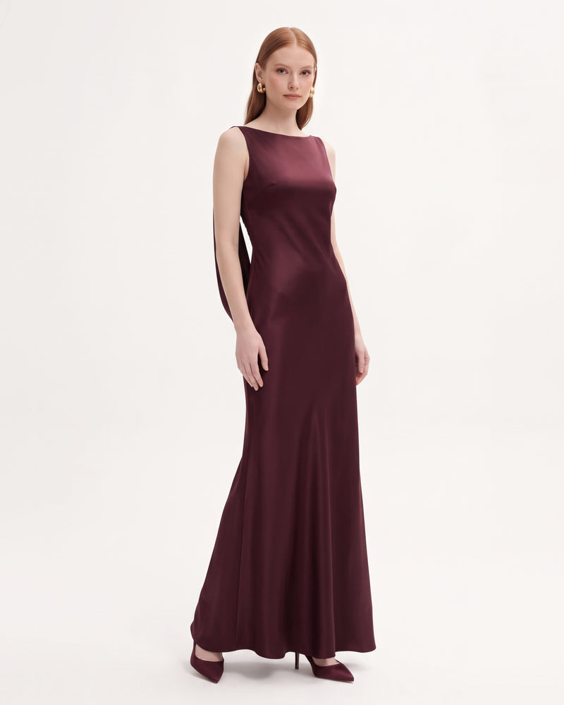 Tulip Appliqué Cowl-Back Satin Column Maxi Dress - Burgundy