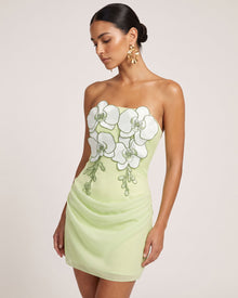 3D Floral Strapless Draped Ruched Mini Dress - Light Green