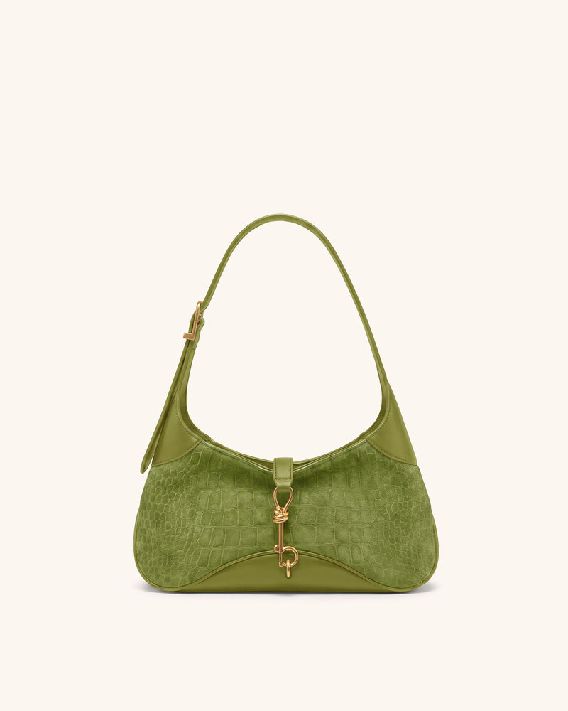 Juliette Faux Suede Key Charm East-West Shoulder Bag - Green Croc