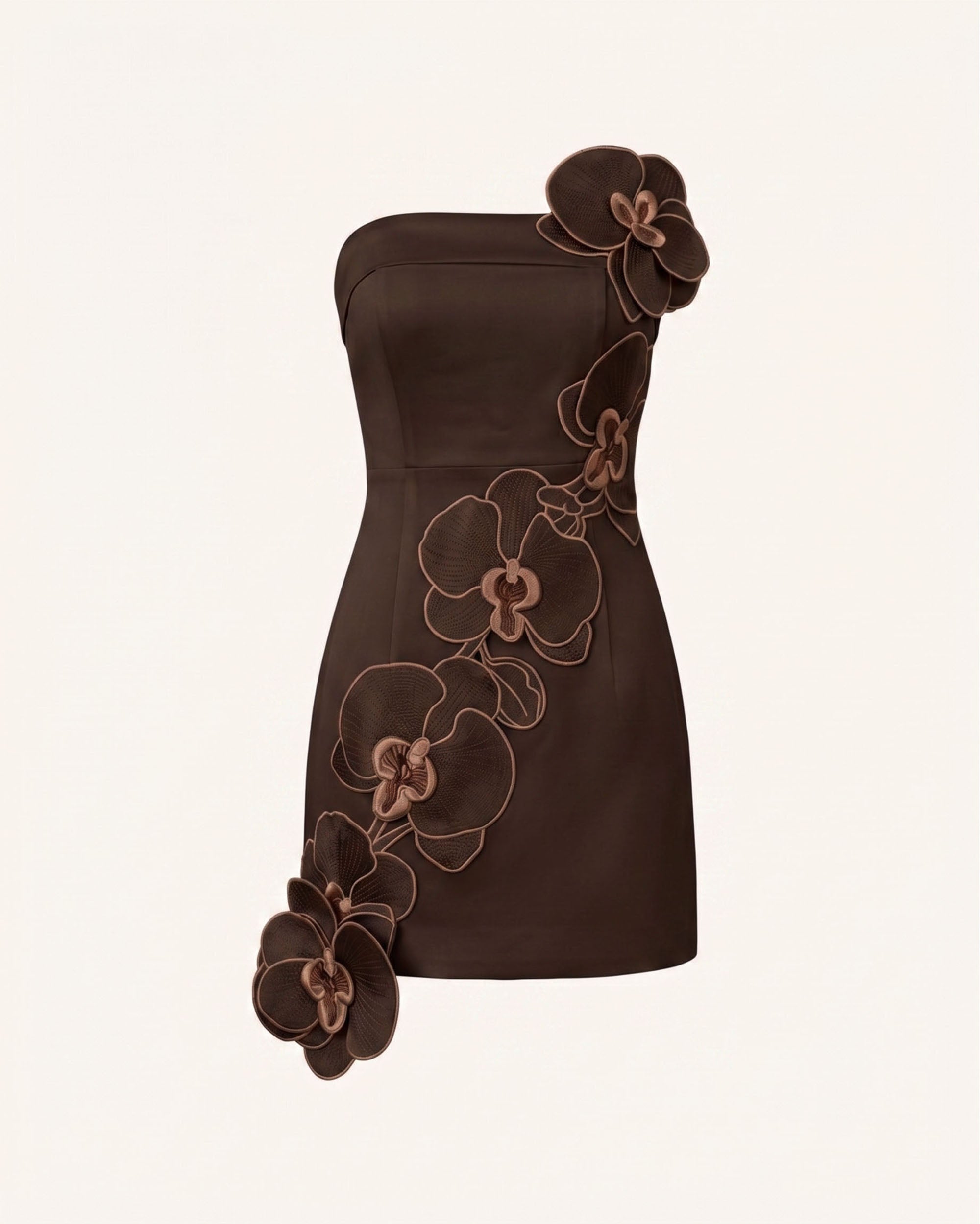 Orchid Embroidered Floral Appliqué Strapless Mini Dress - Brown