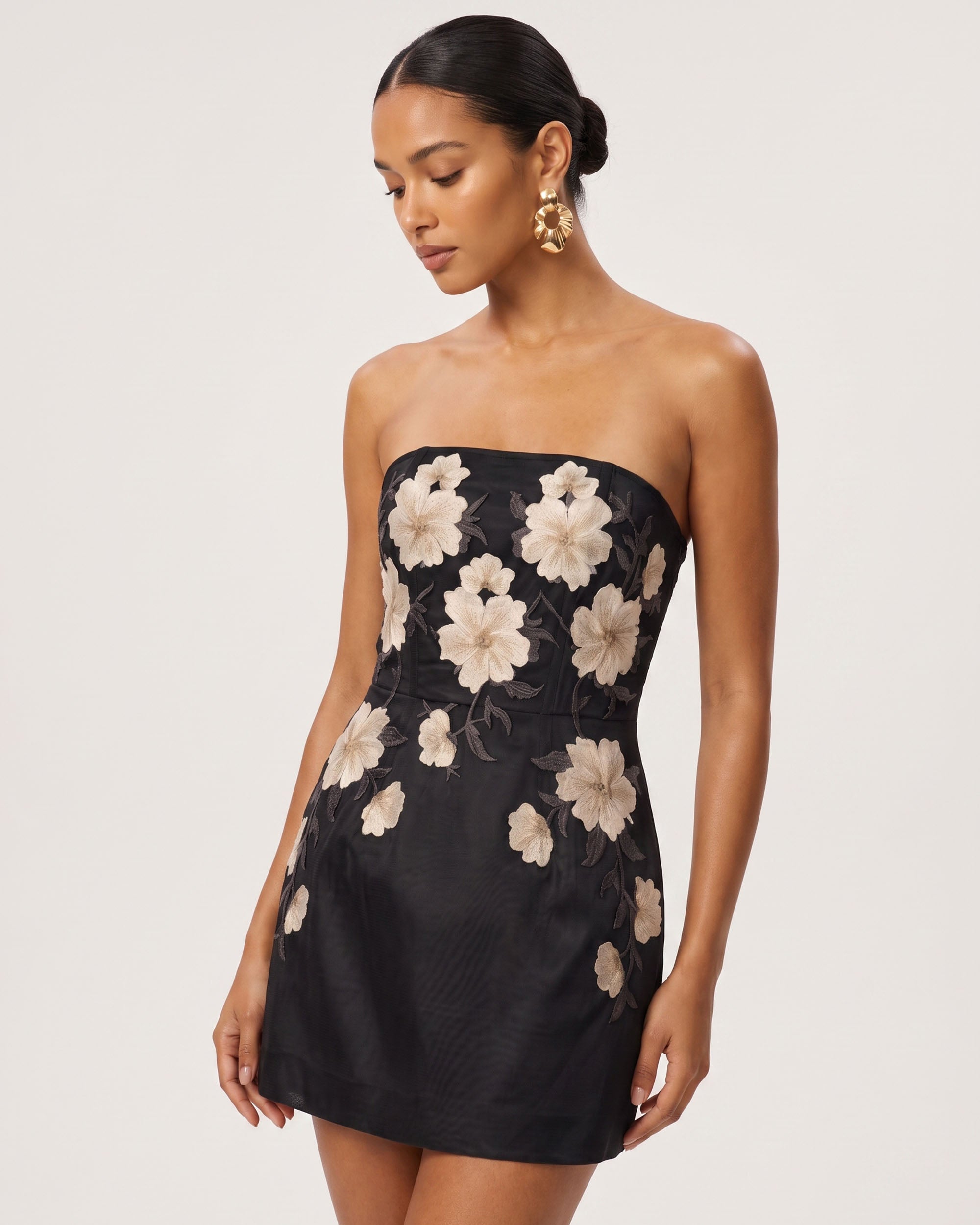 Floral Embroidered Strapless Corset Mini Dress - Black