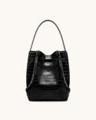 Clara Lock Accent Bucket Shoulder Bag - Black Croc