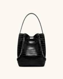 Clara Lock Accent Bucket Shoulder Bag - Black Croc