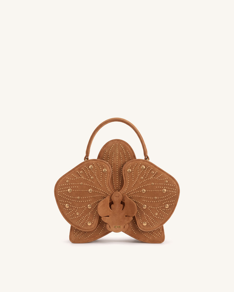 Flora Faux Suede Studded Orchid Shaped Top Handle Bag - Yellow Brown