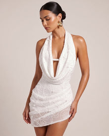Orchid Beaded Embroidered Cowl Halter Mini Dress - White