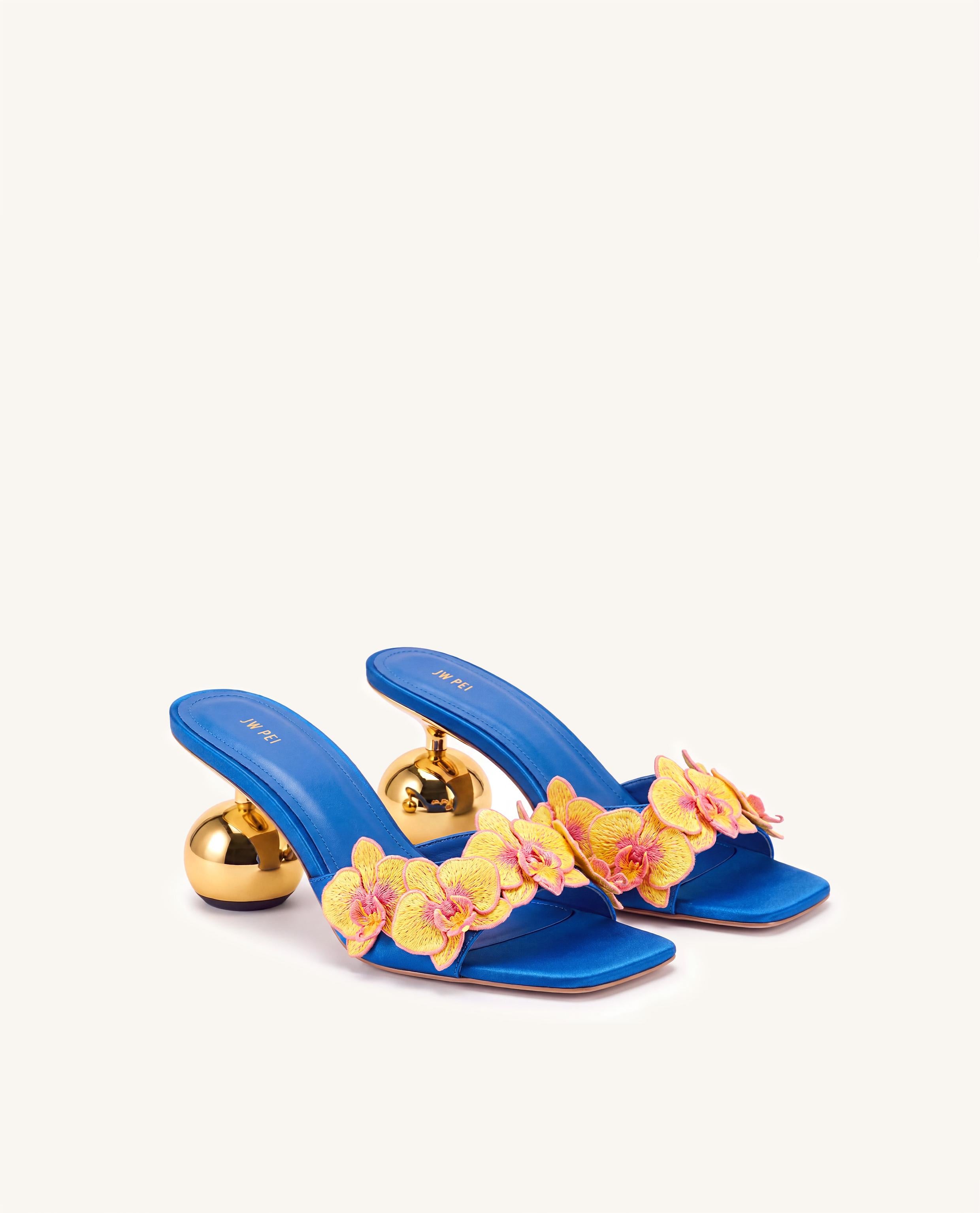 Celia Orchid Embroidered Sphere Heel Mules - Royal Blue
