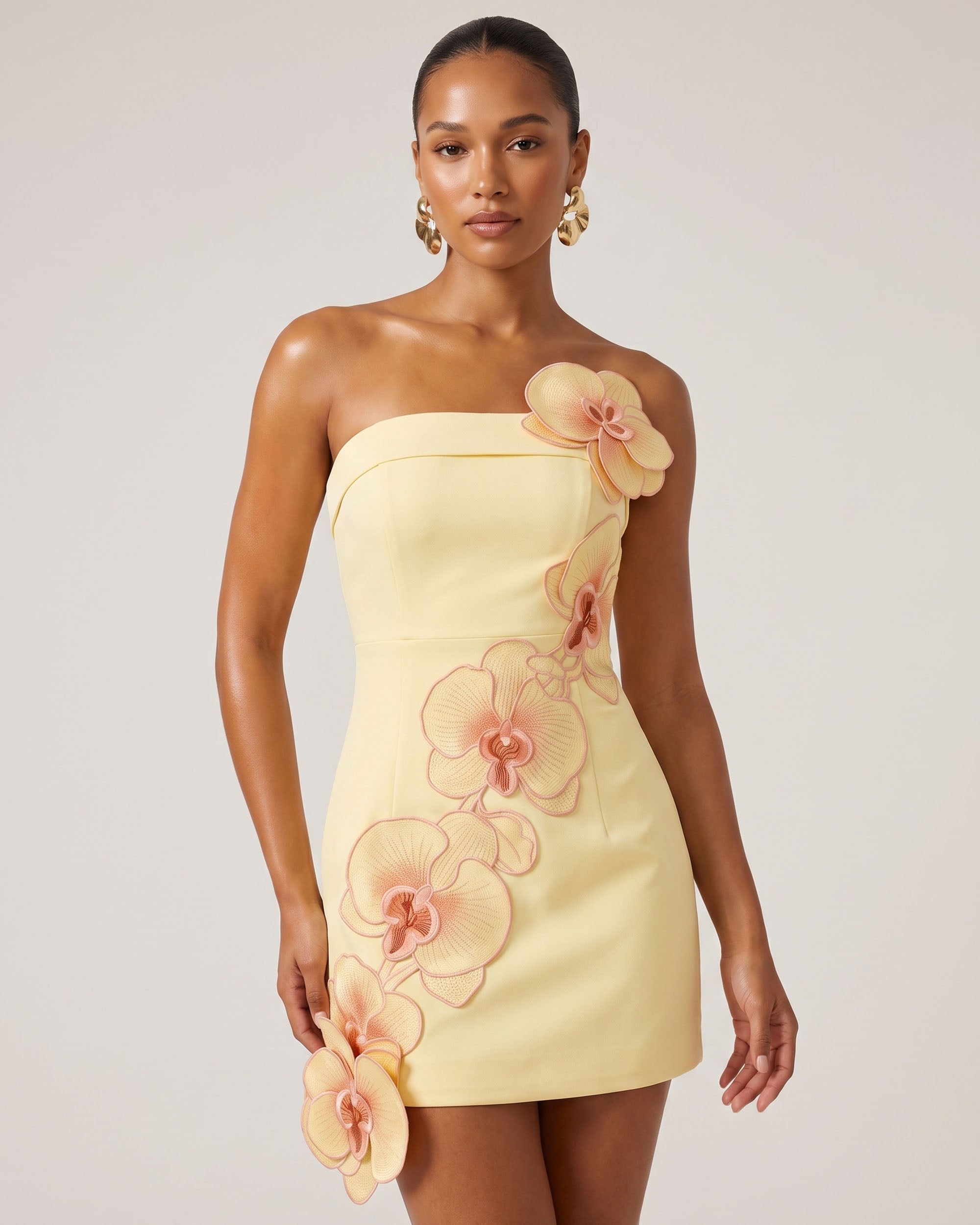 Orchid Embroidered Floral Appliqué Strapless Mini Dress - Light Yellow