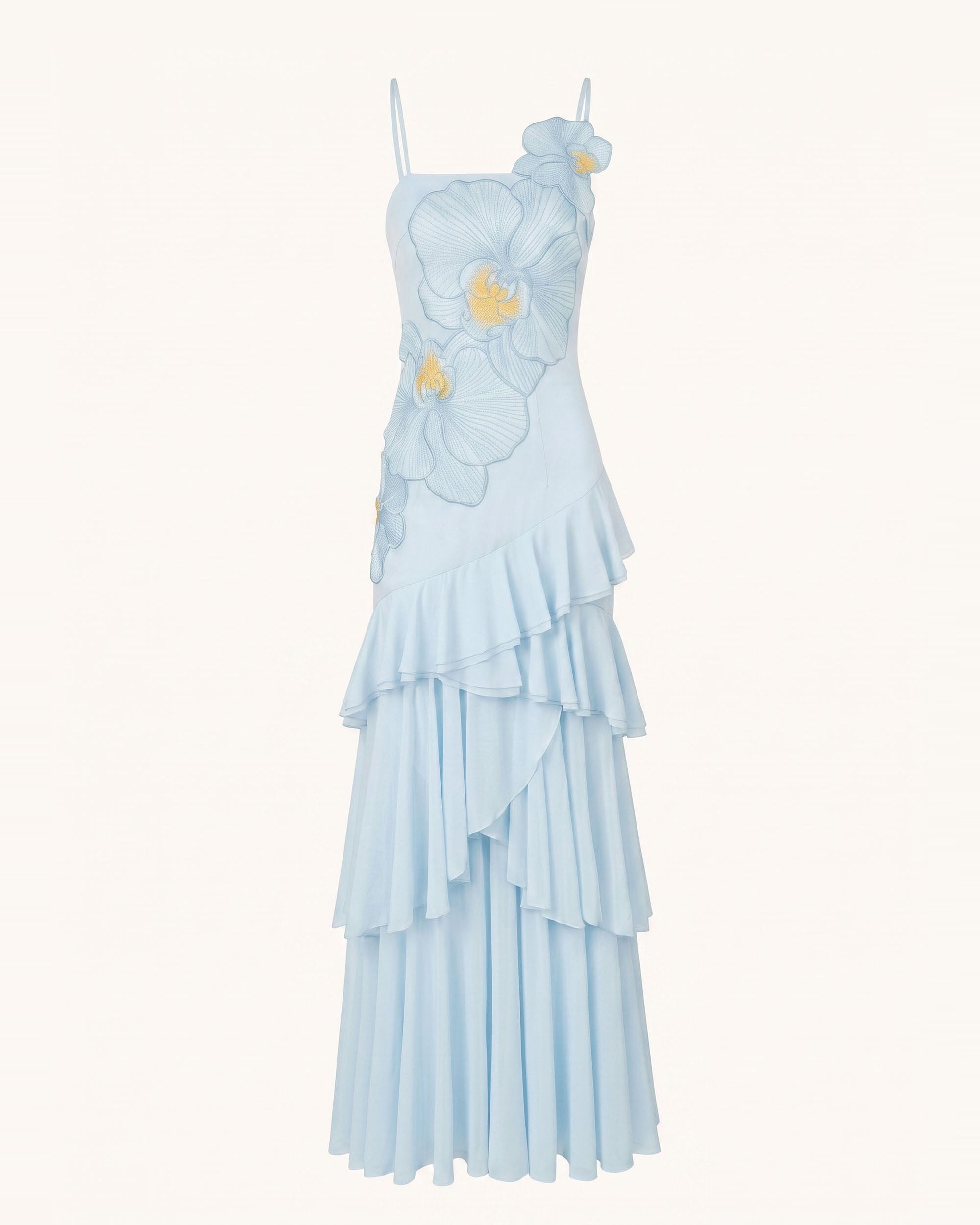 Orchid Embroidered Ruffled One-Shoulder Maxi Dress - Blue