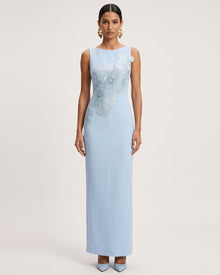 Orchid Embroidered Crew Neck Fitted Maxi Dress - Light Blue
