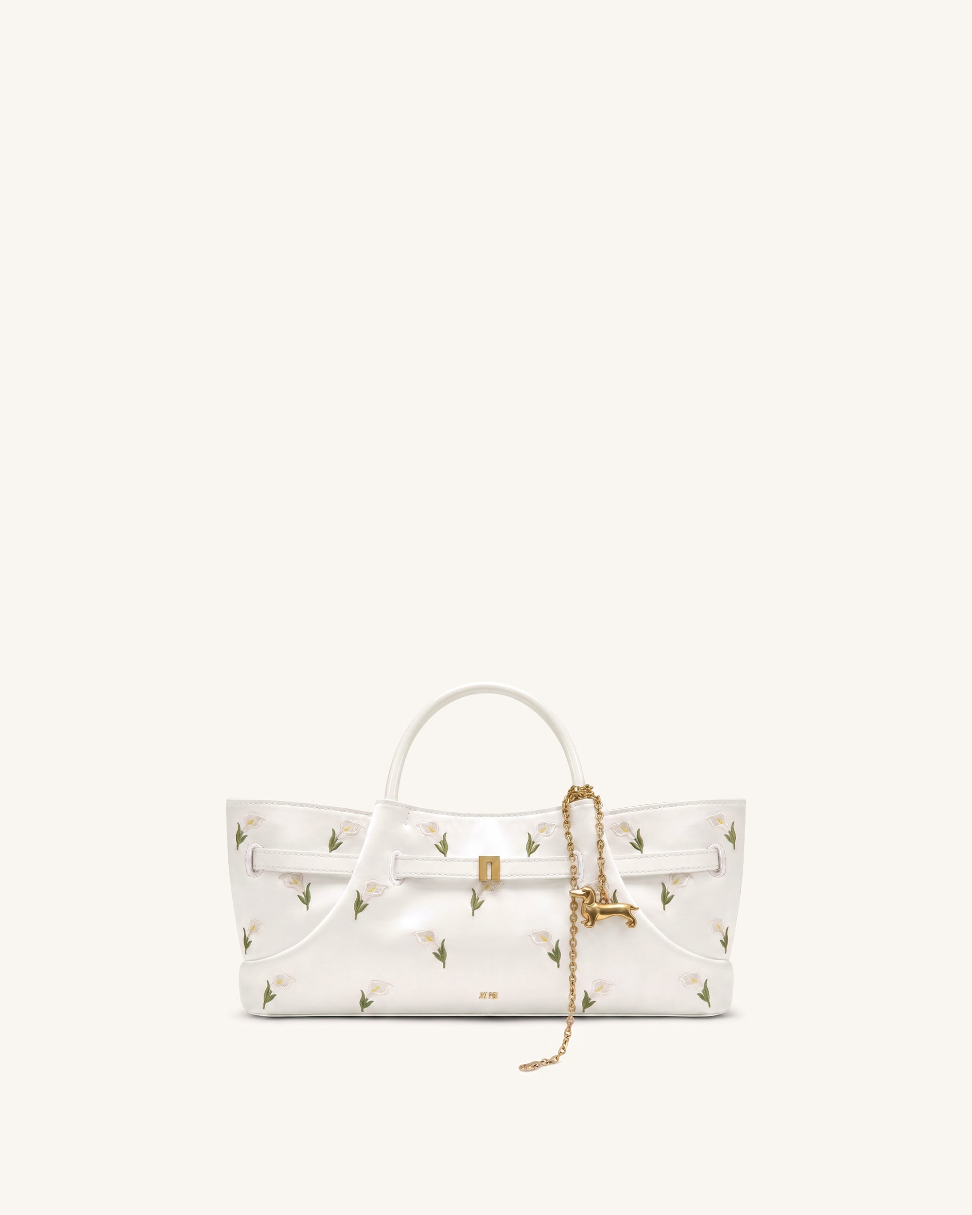 Maeve Satin Finish Embroidered Dachshund Metal Charm Tote Bag - Off White