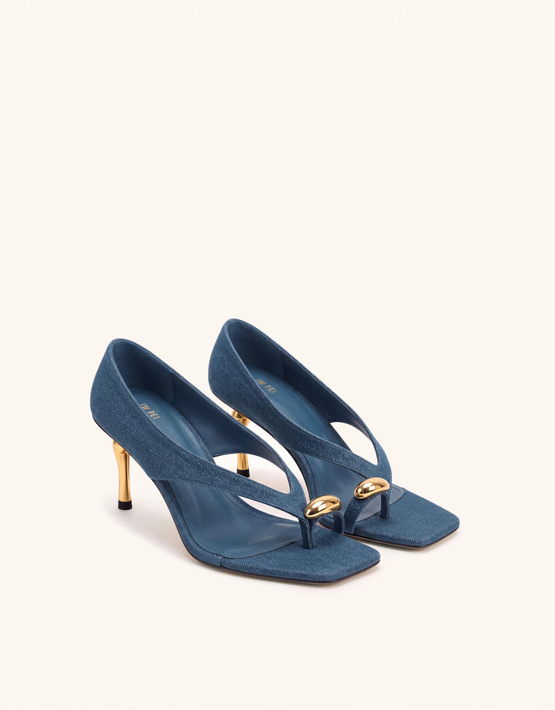 Noemi Wide Strap Square-Toe Metal Accent Sandals - Denim Blue