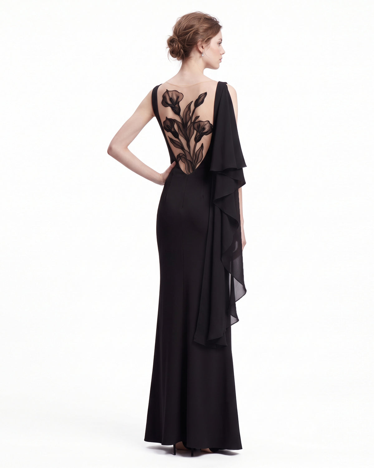 Calla Lily Embroidered Backless Draped Maxi Dress - Black