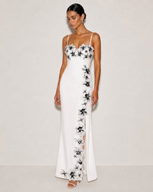 Flower Embroidered Spaghetti Strap Maxi Dress - White