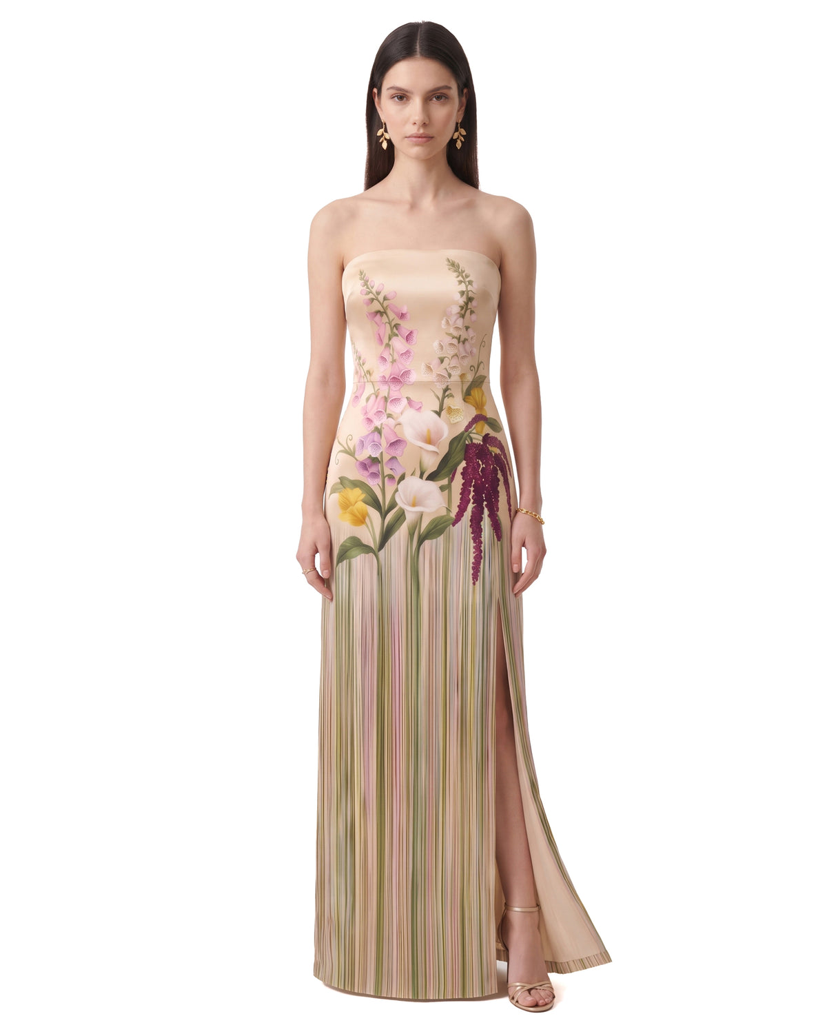 Strapless Floral Printed Pleated Slit Dress - Nude