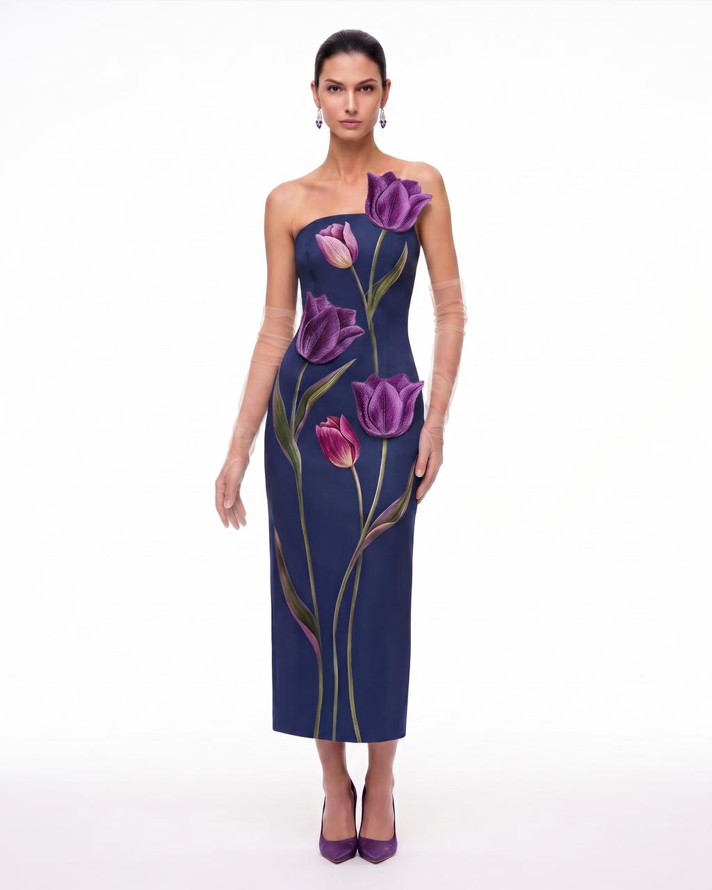 Tulip Appliqué Strapless Column Midi Dress - Navy