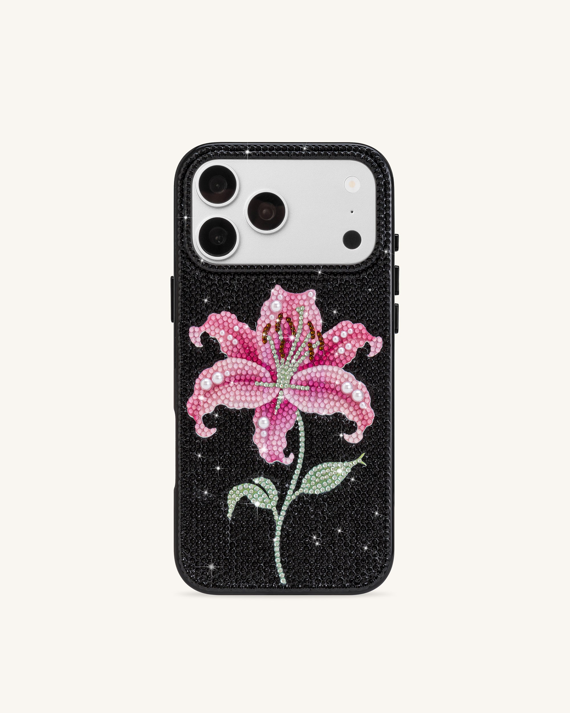 Pink Lily Artificial Crystal Phone Case - Black