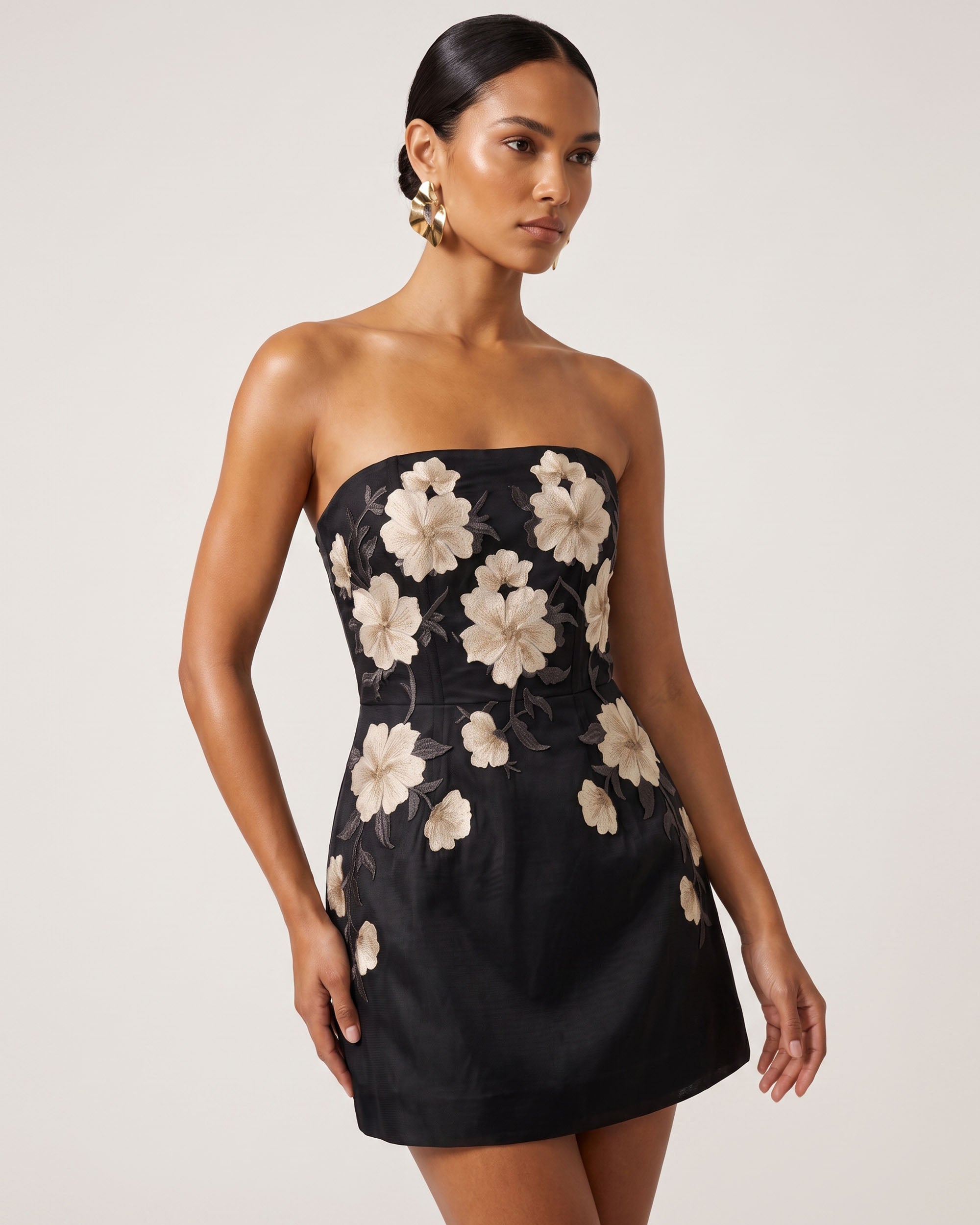 Floral Embroidered Strapless Corset Mini Dress - Black