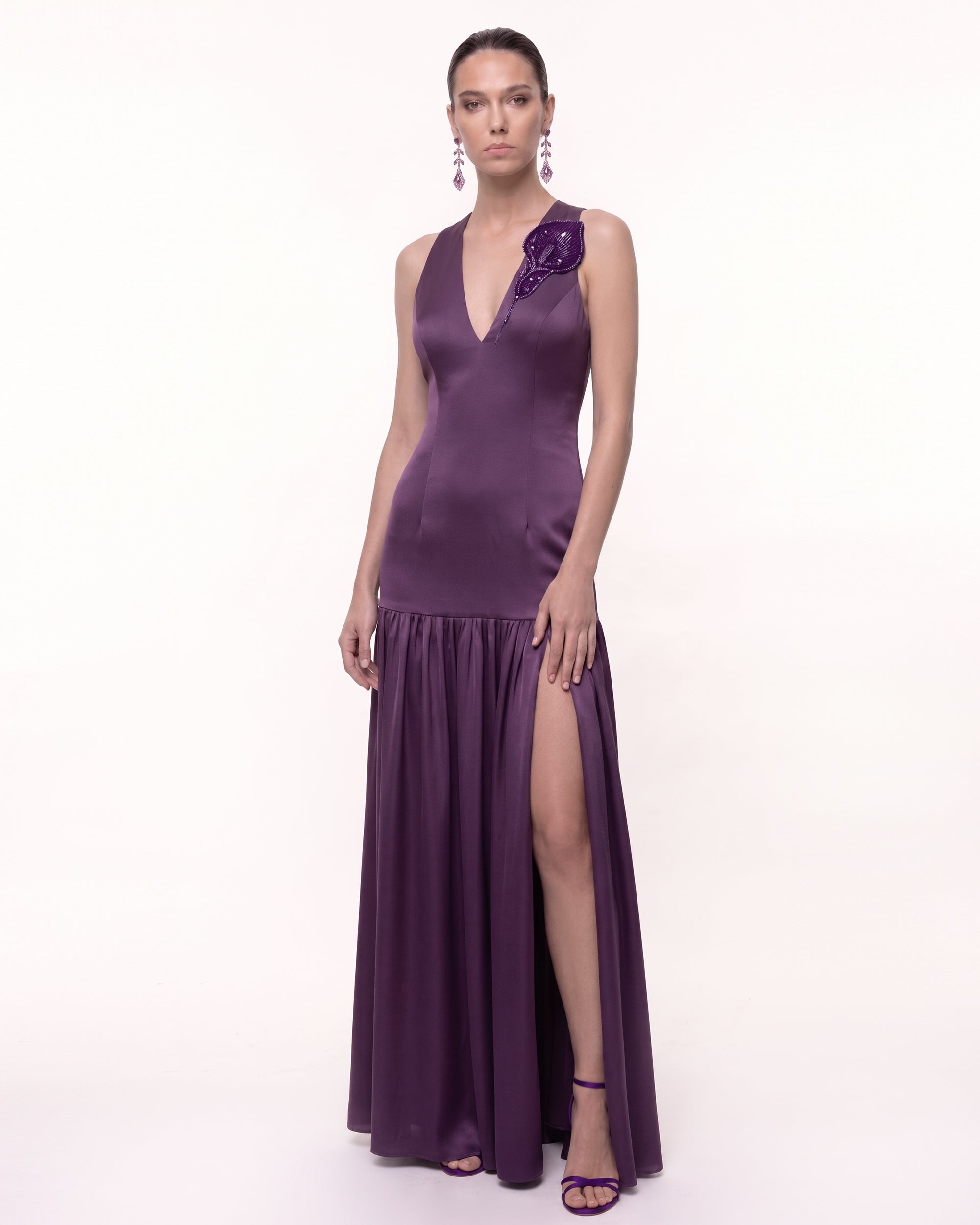 Calla Lily Embellished Plunge-Neck Drop-Waist Slit Maxi Dress - Purple