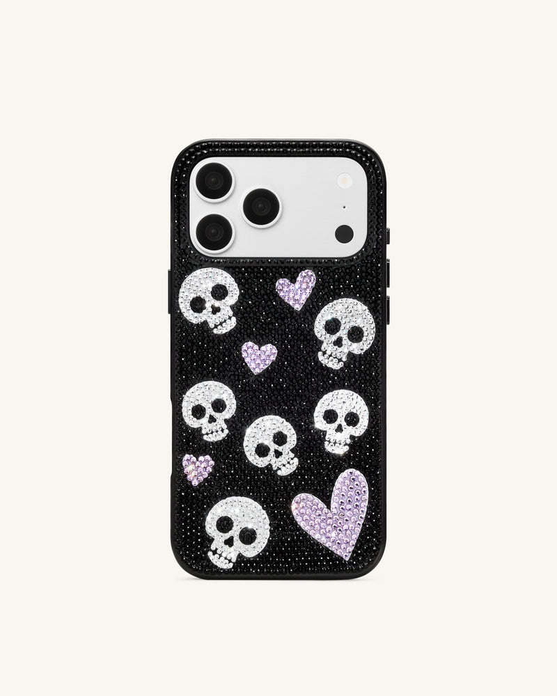 Skull And Heart Rhinestone Phone Case - Black