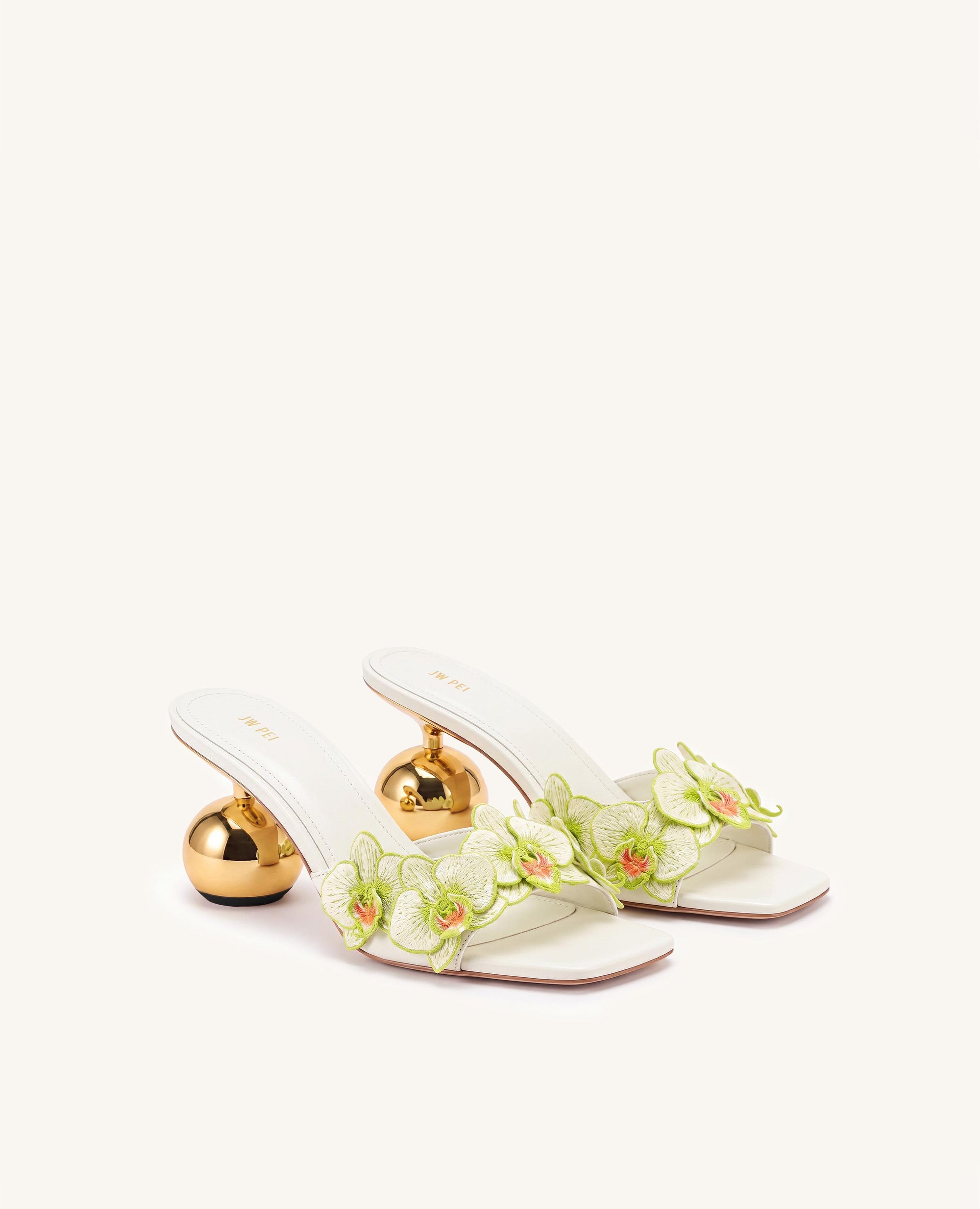 Celia Orchid Embroidered Sphere Heel Mules - White