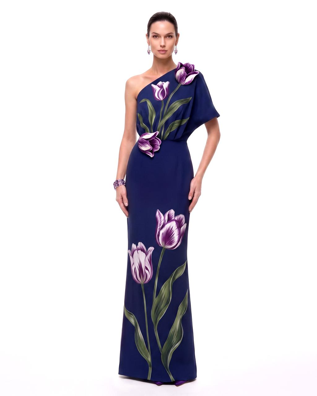 Tulip Floral One-Shoulder Column Maxi Dress - Navy