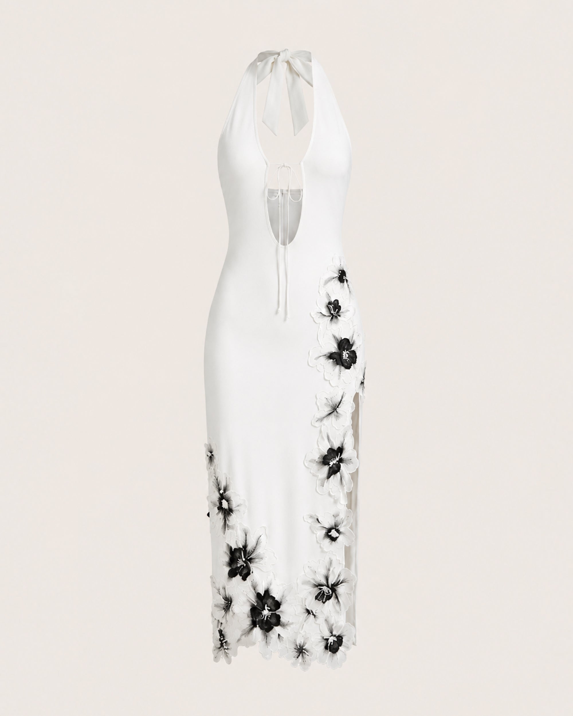Flower Embroidered Cutout Halter Midi Dress - White