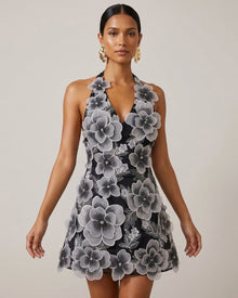 Floral Embroidered Plunge Halter Mini Dress - Black
