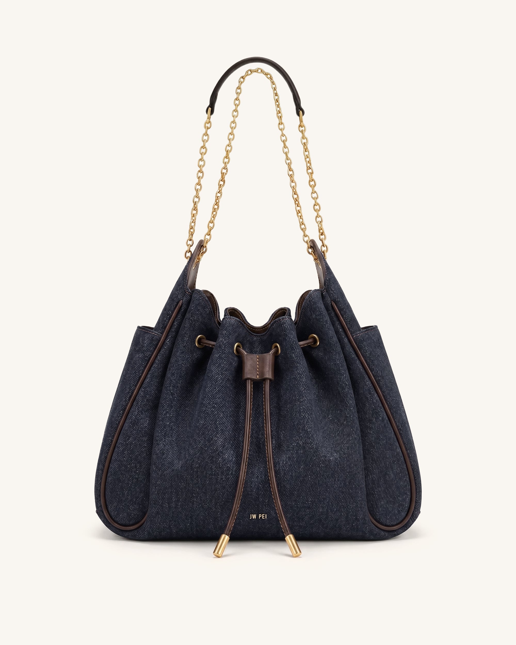 Rowan Ruched Drawstring Chain Bucket Bag - Black Blue Denim
