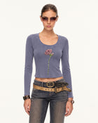 Rhinestone Rose Scoop Neck Curved Cropped Tee - Smokey Slate