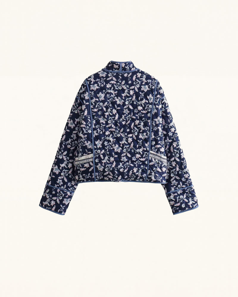 Floral Print Polyester Jacket - Navy Blue