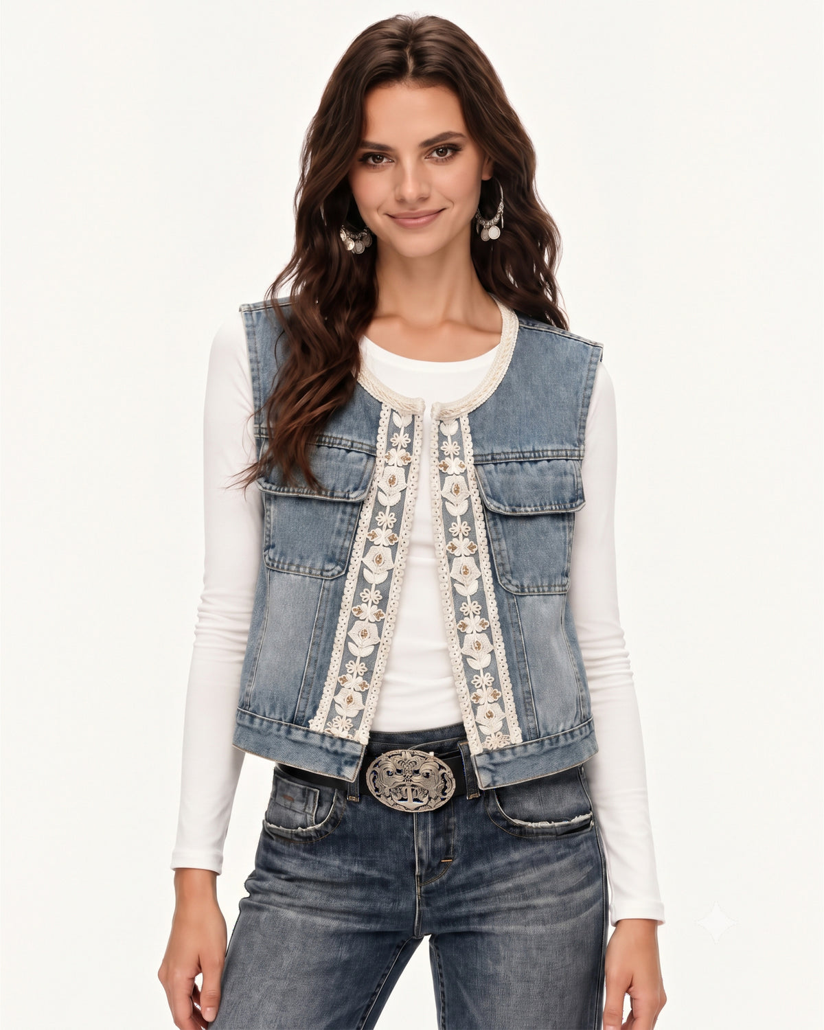 Bohemian Lace Trimmed Denim Vest - Light Wash