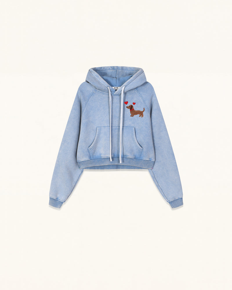 Dachshund Heart Acid Cropped Hoodie - Washed Sky