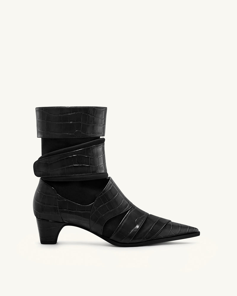 Emily Croc-Embossed Strap Ankle Boots - Black