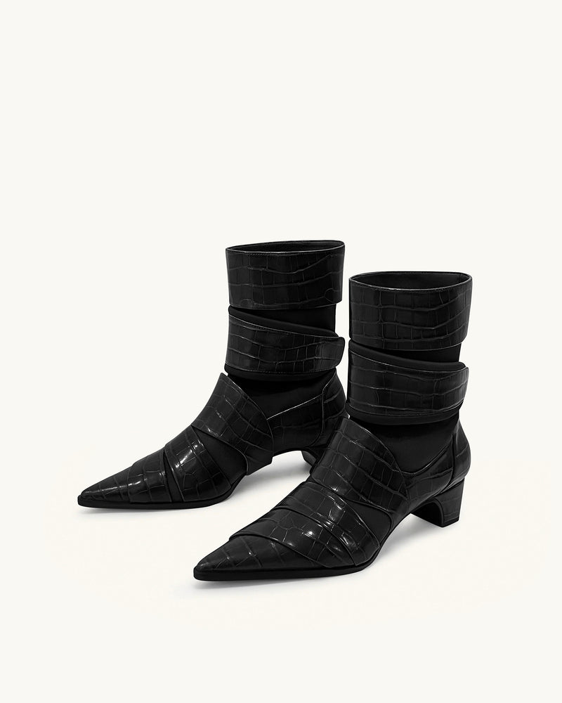 Emily Croc-Embossed Strap Ankle Boots - Black