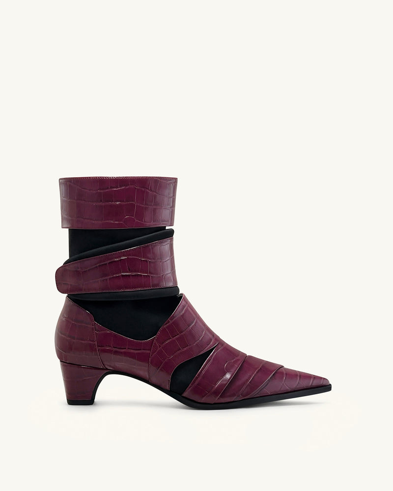 Emily Croc-Embossed Strap Ankle Boots - Burgundy