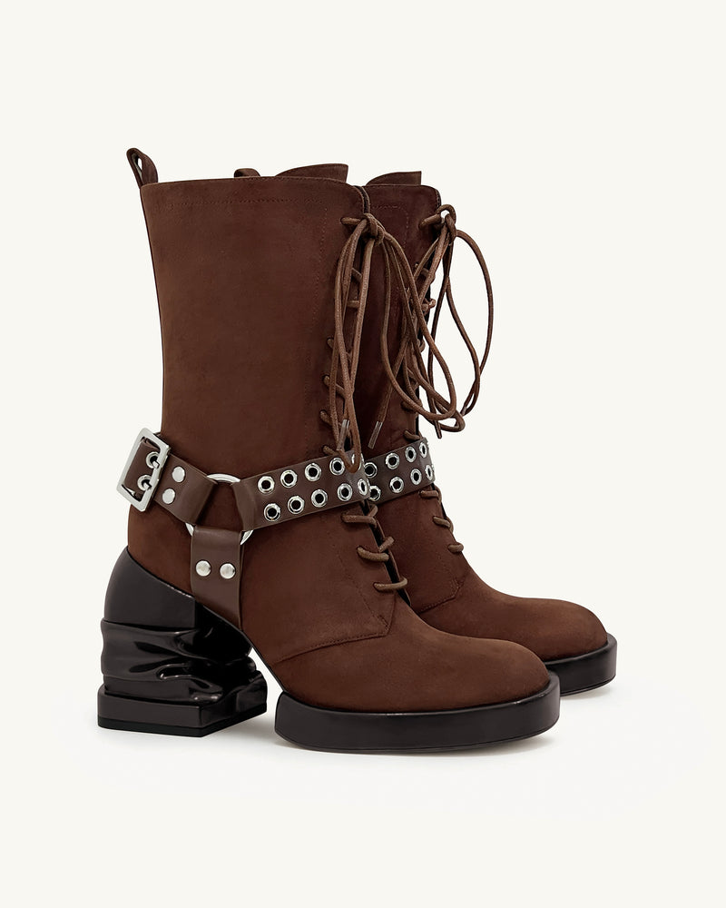 Saylor Round Toe Platform Buckle Boots - Brown