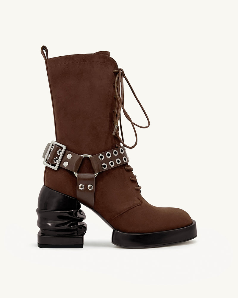Saylor Round Toe Platform Buckle Boots - Brown
