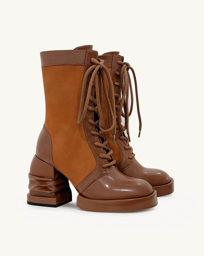 Saylor Round Toe Platform Laced Boots - Brown