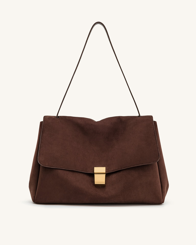 Hilary Faux Suede Shoulder Bag - Dark Brown