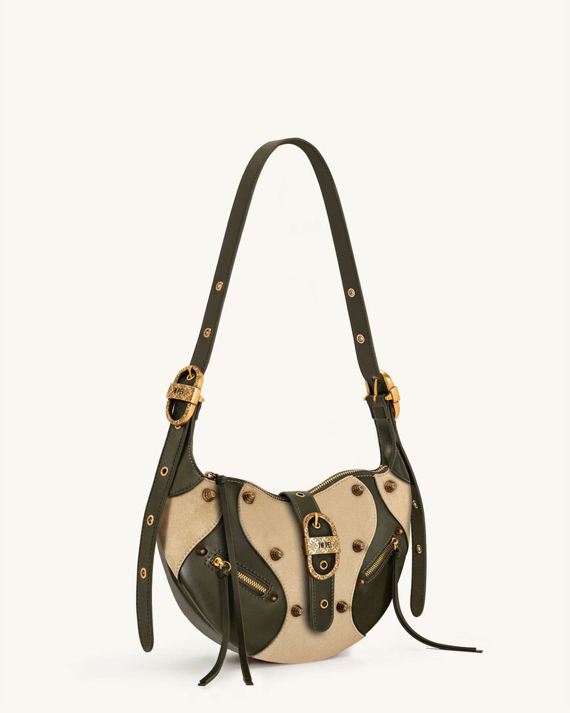 Tessa Faux Suede Studded Shoulder Bag - Khaki Green