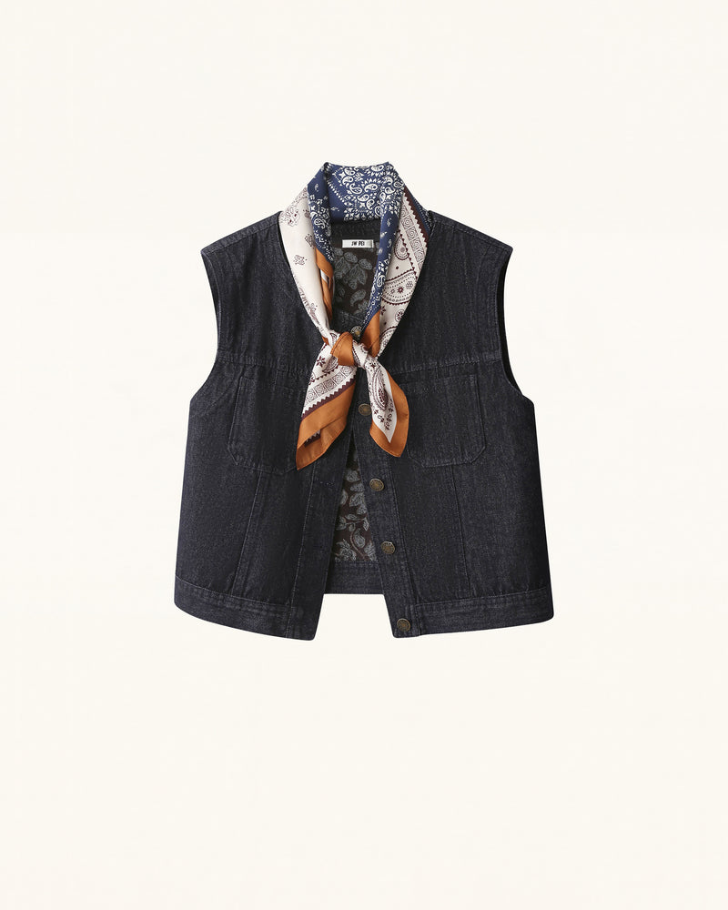 Vintage Paisley Accent Jacquard Denim Vest - Dark Wash