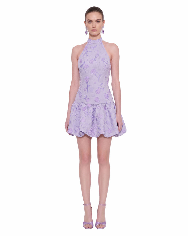 Floral Jacquard Halter Drop-Waist Bubble Mini Dress - Lilac