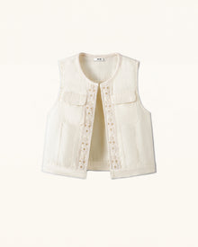 Enchanted Floral Braided Denim Vest - Cream White