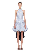 Floral Halter Bow Bubble Mini Dress - Light Blue
