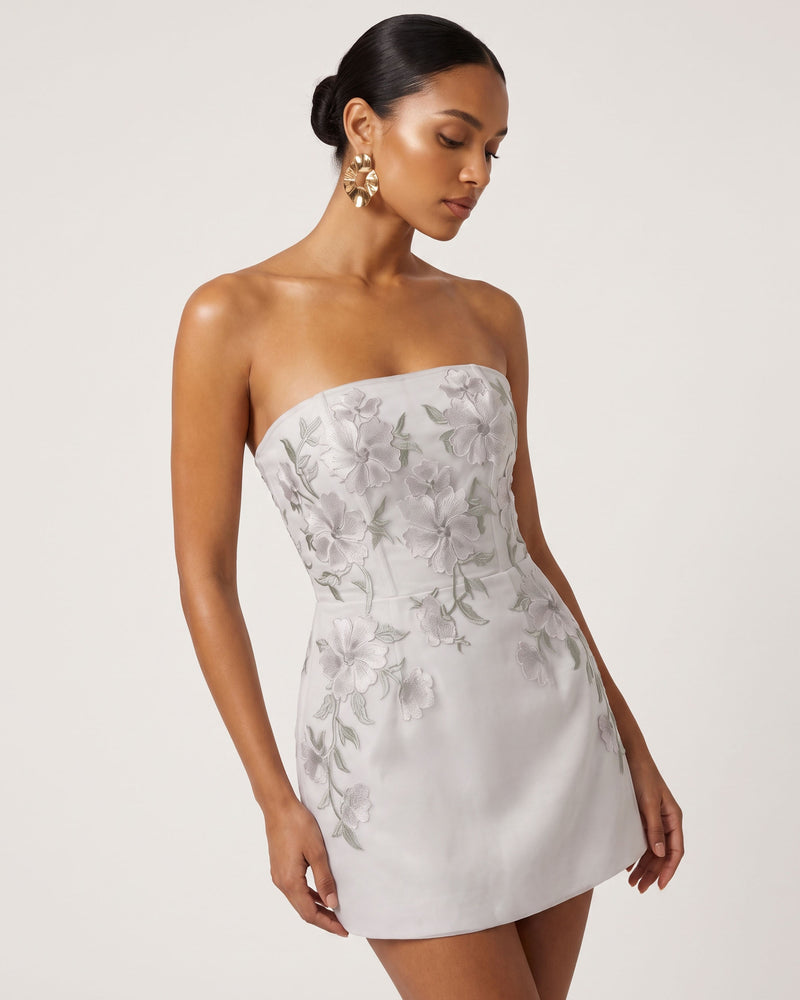 Floral Embroidered Strapless Corset Mini Dress - Light Gray