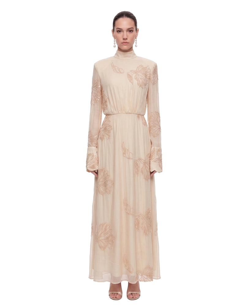 Floral Embroidered Mock-Neck Maxi Dress - Butter Cream